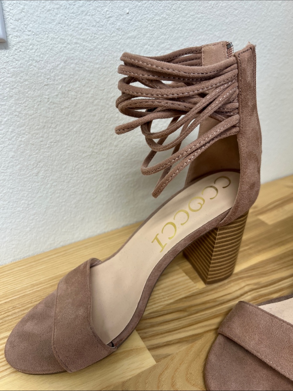 CCOCCI Mauve Suede Ankle-Tie Block Heel Sandals